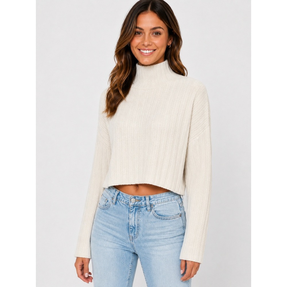 Open Edit Women's M Cream Cropped Ribbed Knit Mock Neck Sweater Soft Cozy